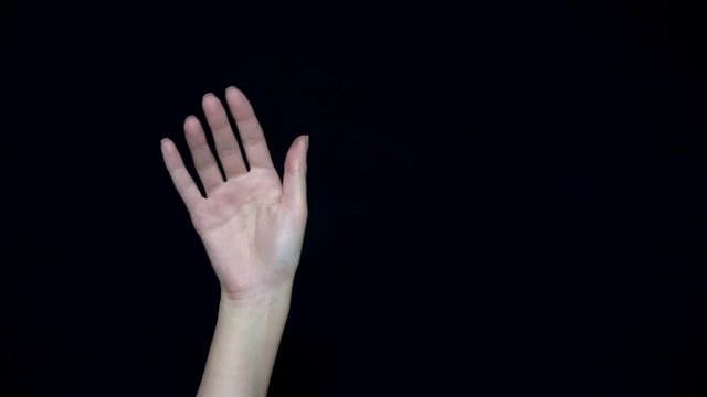 Women's hand waving. Close-up of female hand flirtatiously waving goodbye. Black isolated background