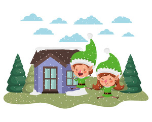 house with pine trees falling snow and couple of elves