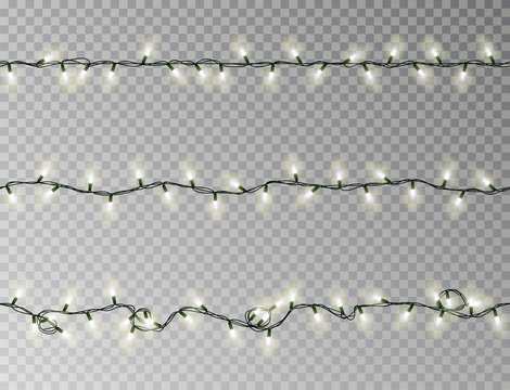 Christmas lights string seamless vector. Transparent white effect decoration isolated. Realistic Chr