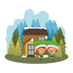 house with pine trees falling snow and couple of elves