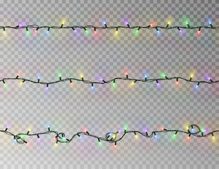 Christmas lights string seamless vector. Transparent color effect decoration isolated. Realistic Chr - 236450746