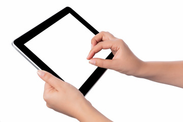 Hand holding blank screen tablet pc on white background