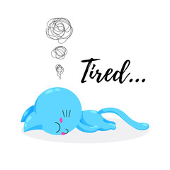 Vector cartoon kitten tired. Funny doodle cat. Template for print, design