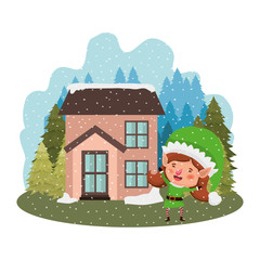 Obraz na płótnie Canvas house with pine trees falling snow and elf woman