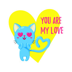Cute vector greeting card with cat. Template for St. Valentine s Day. Enamored kitten. Template for design, print.