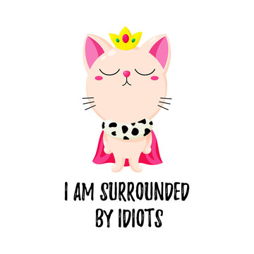 Vector cartoon doodle kitten in a crown. Cat king. Template for print, design