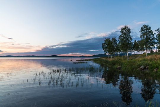 Finland, Lapland, twilight above stunning lake