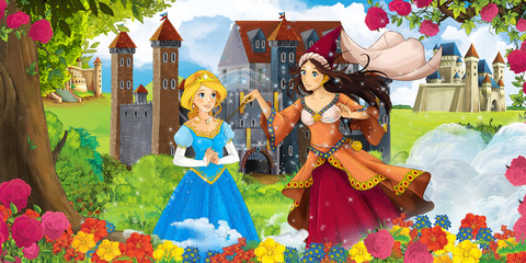 Cartoon nature scene with beautiful castles near the forest with beautiful young princess sorceress and girl - illustration for the children © honeyflavour