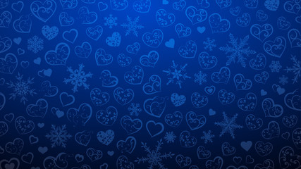 Background of snowflakes and hearts with ornament of curls, in blue colors