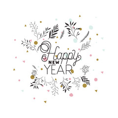 happy year with branch and leaves isolated icon