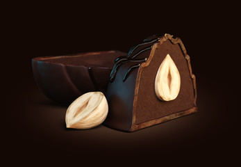 3d render of dark chocolate candies with dark truffle filling and whole hazelnut inside