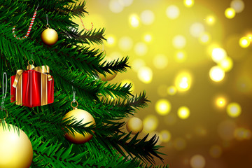 Fototapeta na wymiar Christmas ornament and Christmas tree with gold bokeh background