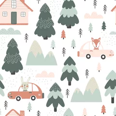 Wallpaper murals Animals in transport Seamless pattern with animals in cars
