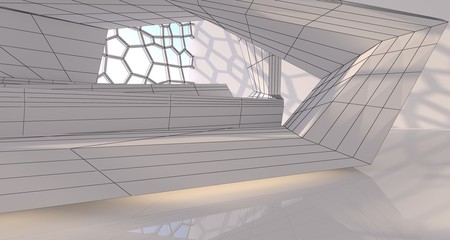 Abstract drawing white interior multilevel public space with window. 3D illustration and rendering.