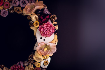 Colorful wreath decoration for postcard or wedding decoration flowers pink and purple bright background frame invitation vintage