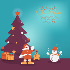 Cute cartoon character of Santa Claus, Kids, candy, cookie and Christmas tree, snow with calligraphy hand written of Merry Christmas and Happy New Year 2019. Vector illustration.
