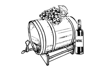 A barrel with a bunch of grapes and wine bottle, hand drawn Illustration.