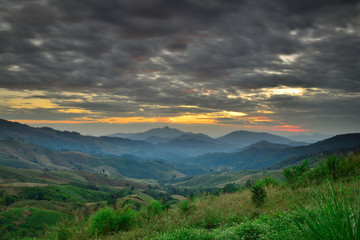 Natural landscape view with mists sea at sunrise. Mists in the cove. Mountain of fog, sun and win.