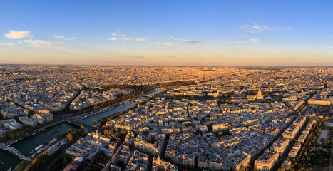 Aerial: Cityscape of Paris in sunset, panoramic image