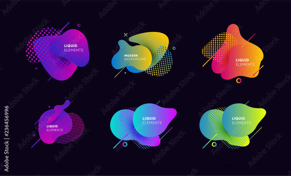 Wall mural dynamical colored graphic elements. gradient abstract banners with flowing liquid shapes. template f