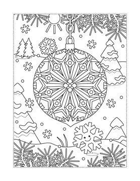 Winter holidays joy themed coloring page with beautiful christmas ornament and outdoor scene

