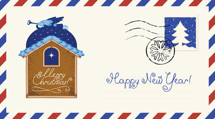 Vector envelope on the theme of Christmas and New year with postage stamp and postmark in retro style. Angel with a trumpet flying over the roof of the house and the Christmas star