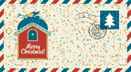 Vector envelope on the theme of Merry Christmas with postage stamp and postmark in retro style. Angel with a trumpet flying over the roof of the house and the Christmas star