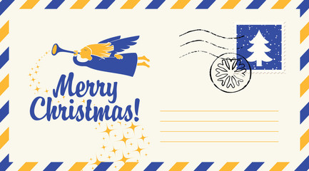 Obraz na płótnie Canvas Vector envelope on the theme of Christmas with postage stamp and postmark. Calligraphic inscription Merry Christmas with angel blowing in his trumpet