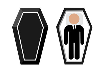 Fototapeta na wymiar Open coffin with dead deceased body. Funeral after death. Cadever is lying in the black coffin. Vector illustration.