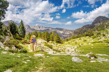 Fototapeta na wymiar Young woman hiking in the mountains with a backpack and trekking poles. Mountain trail route concept