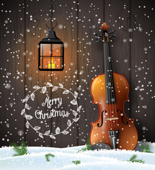 Christmas background with violin and old lantern