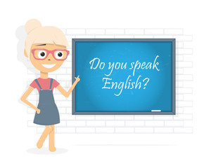Do you speak English. Question. Woman points her finger at the  chalkboard. 