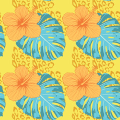 Vector seamless pattern with tropical flower hibiscus, palm leaf and leopard texture in trendy colors on yellow background 