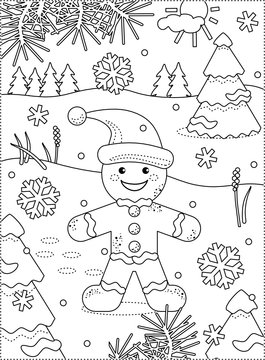 Winter holidays joy themed coloring page with happy cheerful gingerbread man walking outdoor
