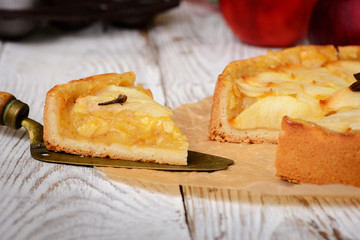 Piece of traditional holiday apple pie. Baked dessert with anise, cloves and apples on light wooden background