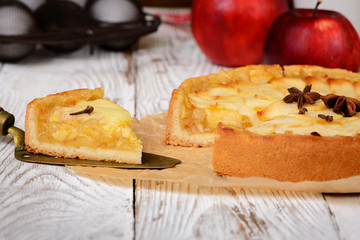 Piece of traditional holiday apple pie. Baked dessert with anise, cloves and apples on light wooden...