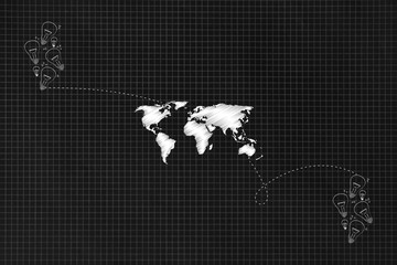 world map linked by dashed lines to 2 distant groups of lightbulbs