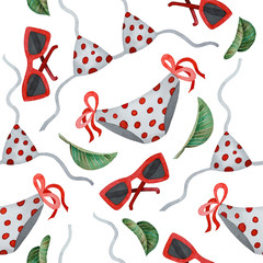 Illustration of watercolor hand drawn Summer vacation pattern with swimsuit, sunglasses and tropical leaves. Travel things. Beach. Vintage. Retro, vintage style. Hawaii, Bali, Thailand, Maldives.