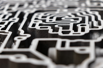 background. details of the automatic transmission, like a brain or a metal labyrinth.
