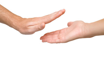 Man's and woman's hands giving five. Isolated on white background. Two people. Success concept. Cutout human's arm. Close up. Clipping path.