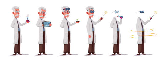 Set of scientist character. Mad professor