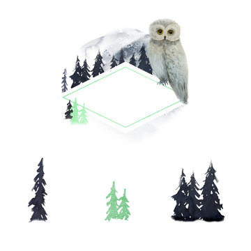 Watercolor set. Happy New Year congratulation greeting card. Frame for logo with owl