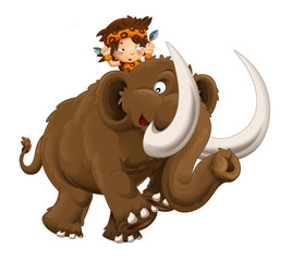 cartoon happy scene with caveman on mammoth on white background - illustration for children