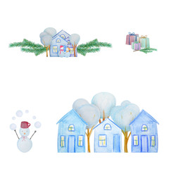 Winter set with snowmen and houses painted with colored watercolor pencils