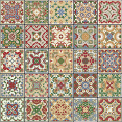 A collection of ceramic tiles in retro colors. A set of square patterns in ethnic style. Vector illustration.