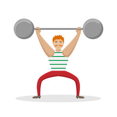 Circus athlete with a barbell in his hands. Flat vector illustration.