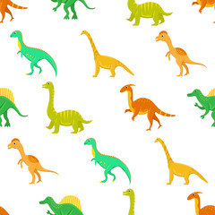 Seamless pattern with flat vector cartoon dinosaurs.