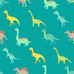 Seamless pattern with flat vector cartoon dinosaurs.
