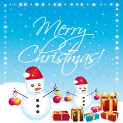 Merry christmas greeting card II with snowmen and gifts.