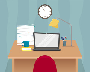 Office workplace. Table with laptop, stack of papers, Desk lamp. Flat vector illustration.